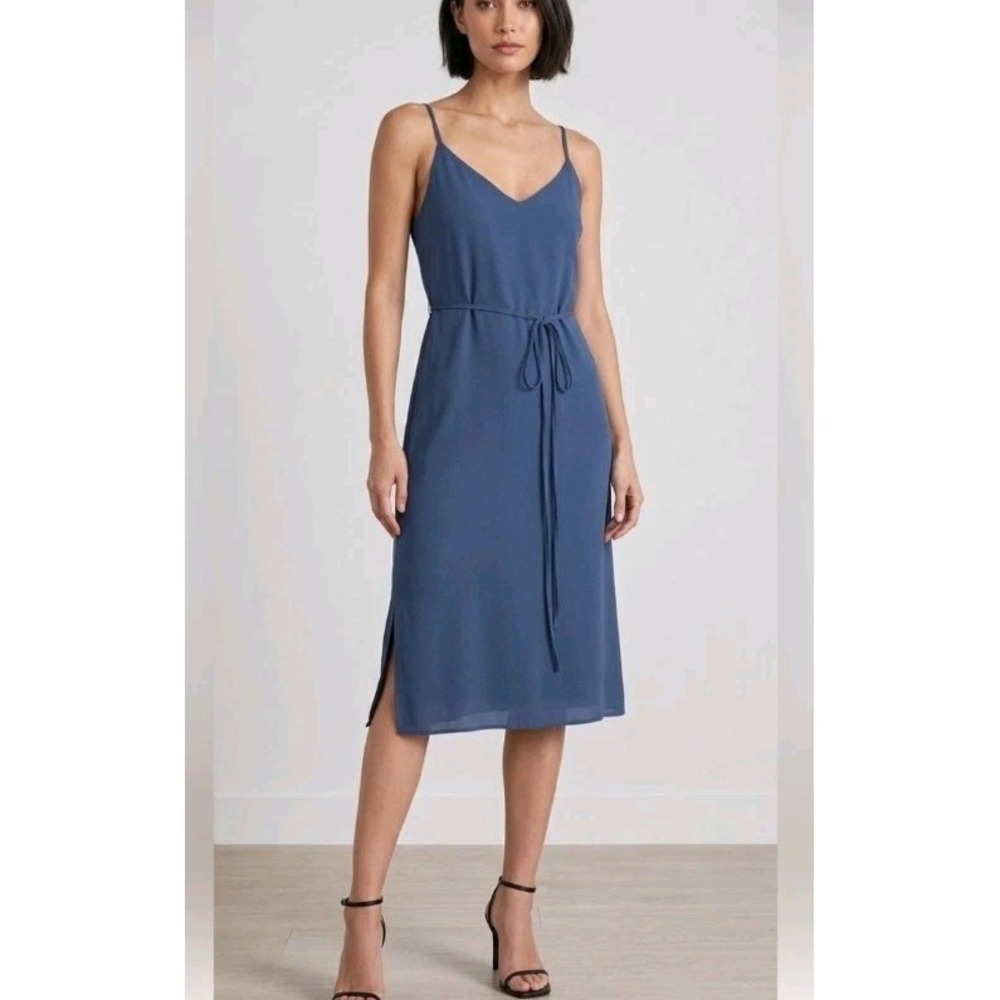 Lulus Slate Blue Chiffon Tie‎ Waist V Neck Midi Summer Dress Size Small